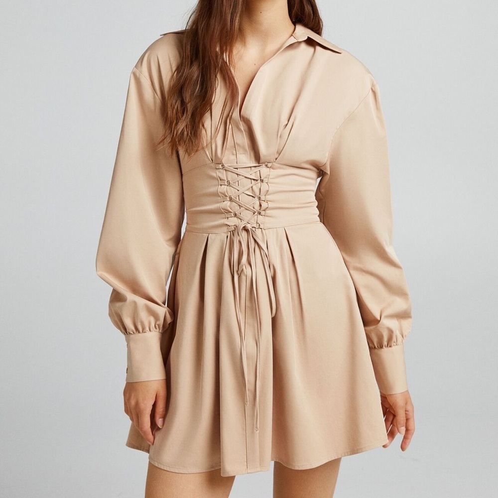 Bershka Poplin Shirtdress w/Lace-up Detail -XS